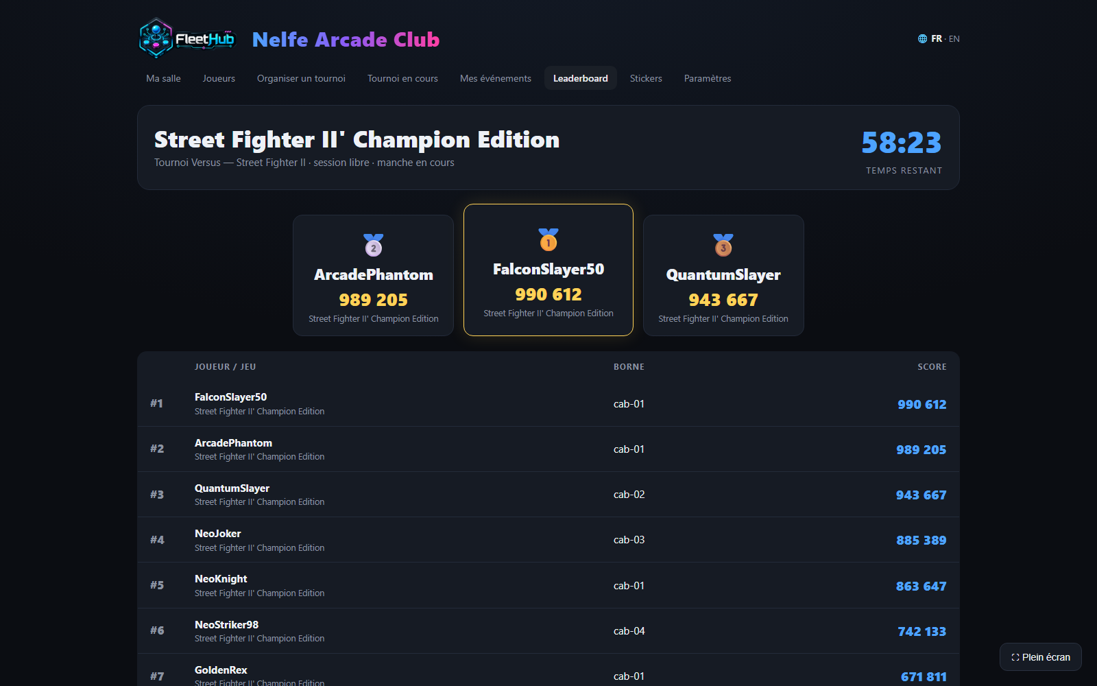Leaderboard de la salle : tournoi en direct, podium et scores